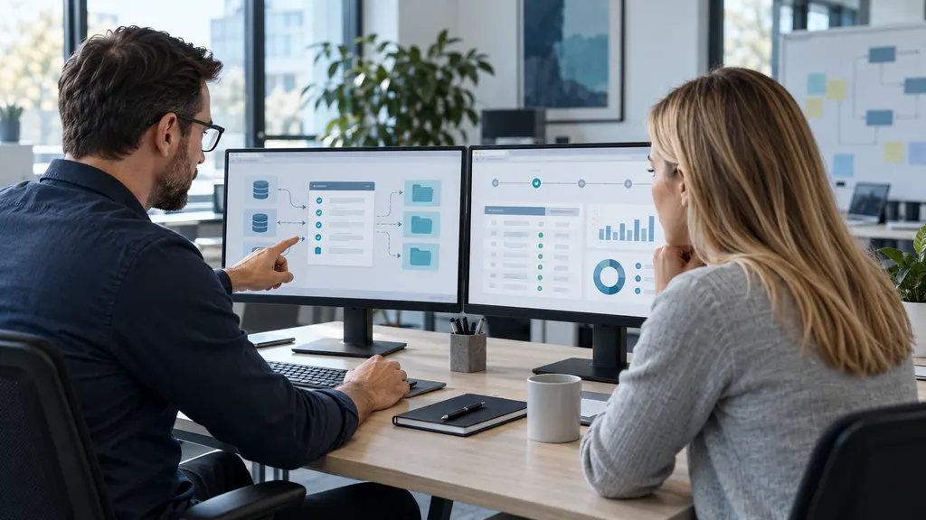 Zwei Mitarbeitende prüfen an Computerbildschirmen die Umstellung einer Unternehmenssoftware und die Übertragung von Daten.