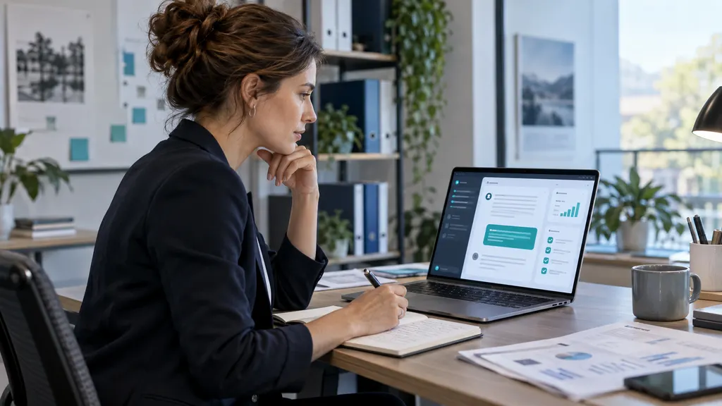 Berufstätige Person prüft am Laptop KI-gestützte Arbeitsentwürfe in einem modernen Büro.