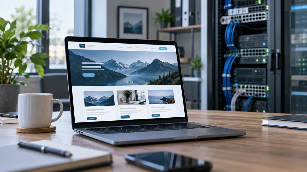 Moderner Arbeitsplatz mit Laptop und einer abstrakten Website-Darstellung, im Hintergrund Netzwerktechnik und Serverinfrastruktur.