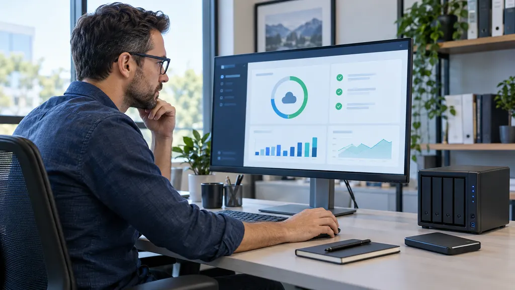 IT-Fachkraft kontrolliert die Datensicherung an einem Arbeitsplatz mit Computer und externem Speichermedium.