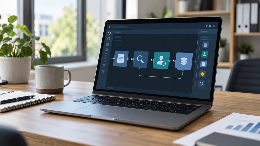 Moderner Arbeitsplatz mit Laptop und einer grafischen Darstellung verbundener digitaler Prozessbausteine für Formulare, Daten und Freigaben.
