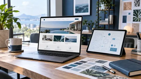 Moderner Arbeitsplatz mit Laptop, Website-Entwurf und Planungsunterlagen für ein professionelles Webprojekt.