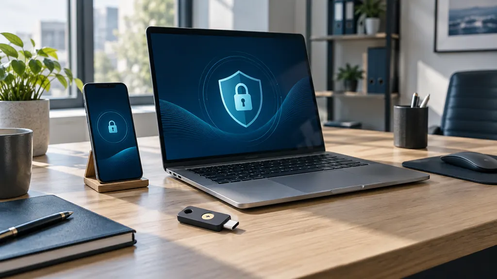 Laptop, Smartphone und Hardware-Sicherheitsschlüssel auf einem Schreibtisch als Darstellung moderner Anmeldeverfahren für Onlinekonten.