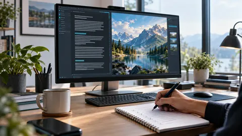 Person überprüft an einem Arbeitsplatz einen KI-generierten Text und ein digitales Bild vor der Veröffentlichung.