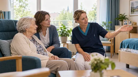 Eine ältere Frau besichtigt gemeinsam mit ihrer erwachsenen Tochter ein helles Pflegeheimzimmer und spricht mit einer Pflegefachkraft.