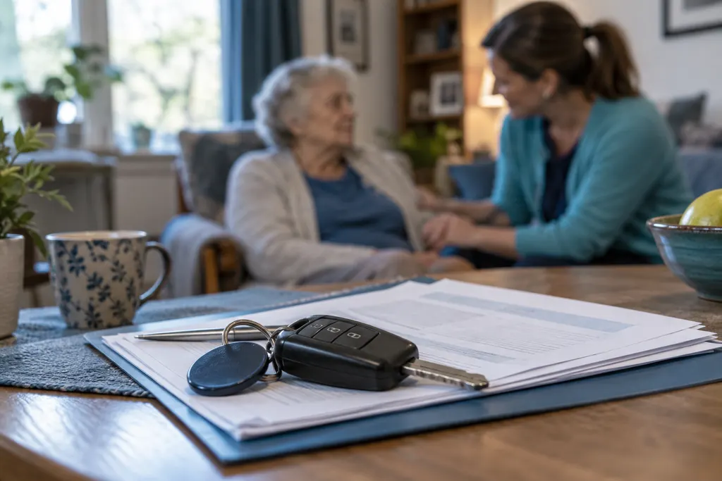 Fahrzeugschlüssel und Versicherungsunterlagen neben einer familiären Pflegesituation im Hintergrund