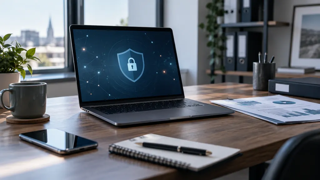 Moderner Arbeitsplatz eines kleinen Unternehmens mit Laptop und einer dezenten grafischen Darstellung digitaler Sicherheitsrisiken.