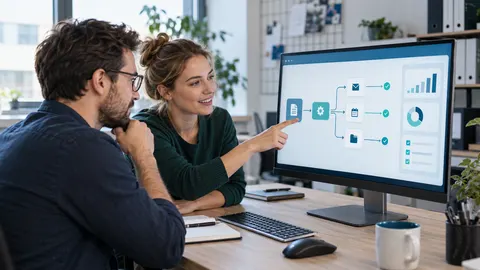 Zwei Mitarbeitende in einem modernen kleinen Büro planen digitale Arbeitsabläufe an einem Bildschirm.