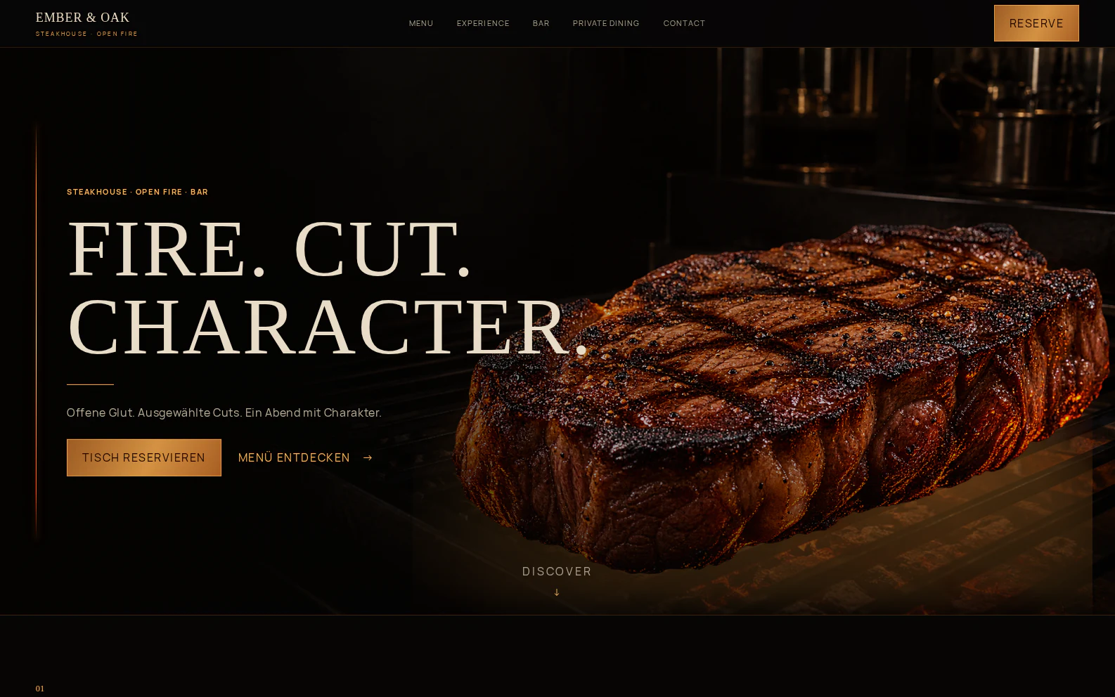 Website-Konzeptstudie EMBER & OAK mit Open-Fire-Hero und Signature Cut